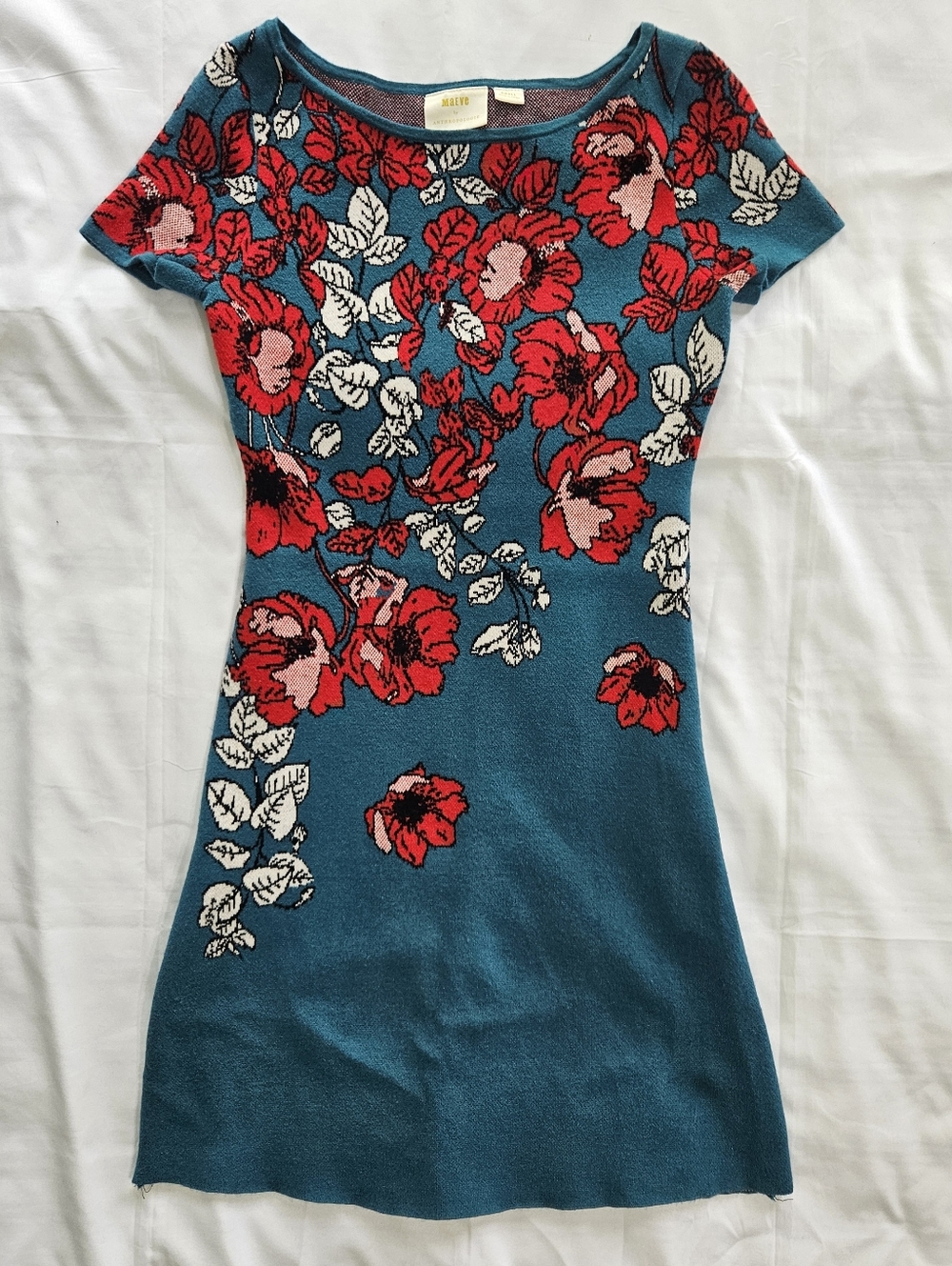 Maeve Anthropologie Womens S Teal Red Floral Knit Sweater Dress Allison Poppy